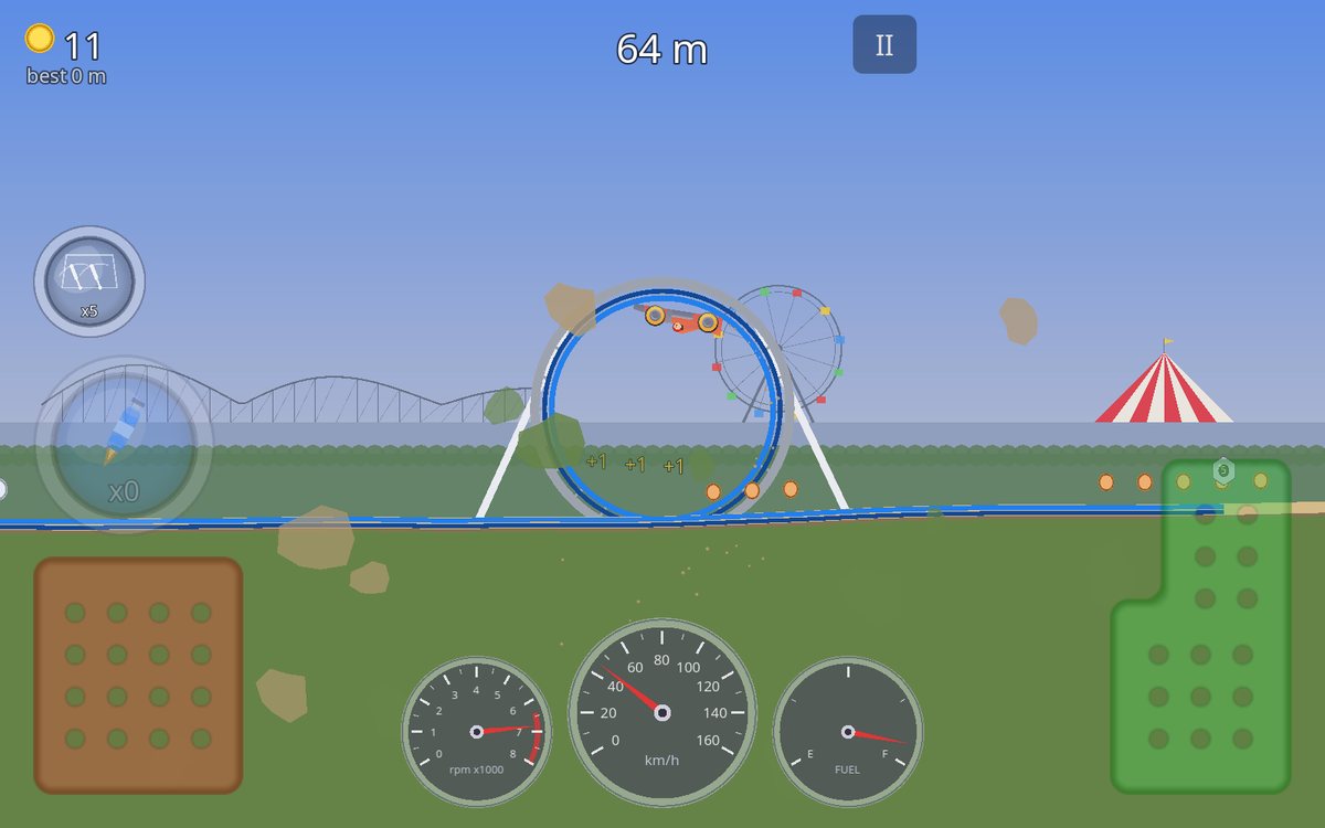 A race car upside down at the top of a steel loop-the-loop, a big wheel and a big top behind