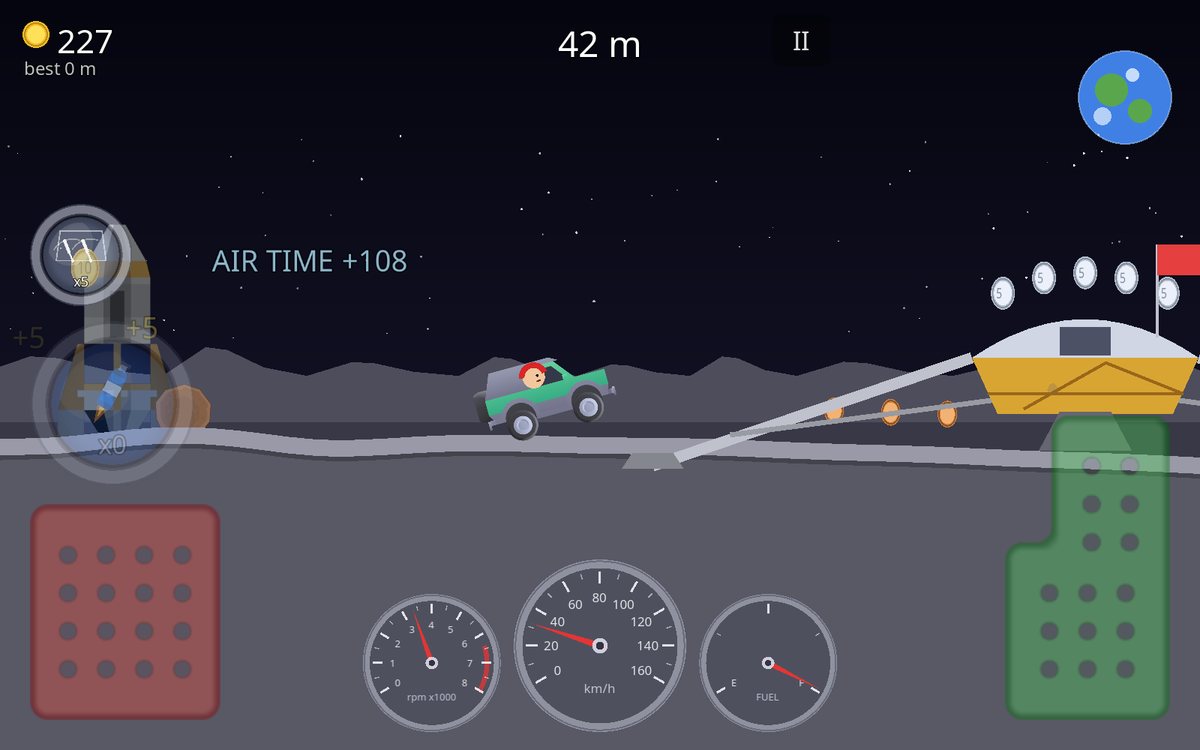 An SUV in the air on the Moon, a lunar lander ahead and the Earth in the sky