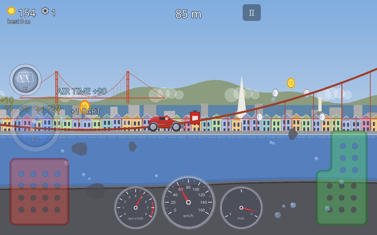 A rally car riding the main cable of the Golden Gate Bridge over the bay, the painted ladies behind